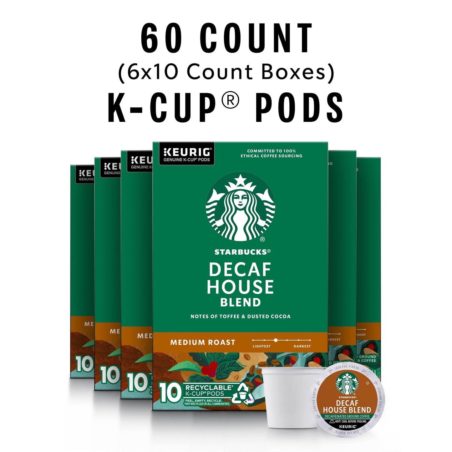 Starbucks K-Cup Coffee Pods, Medium Roast Hot or Iced Coffee, Decaf House Blend, 60 Keurig Pods