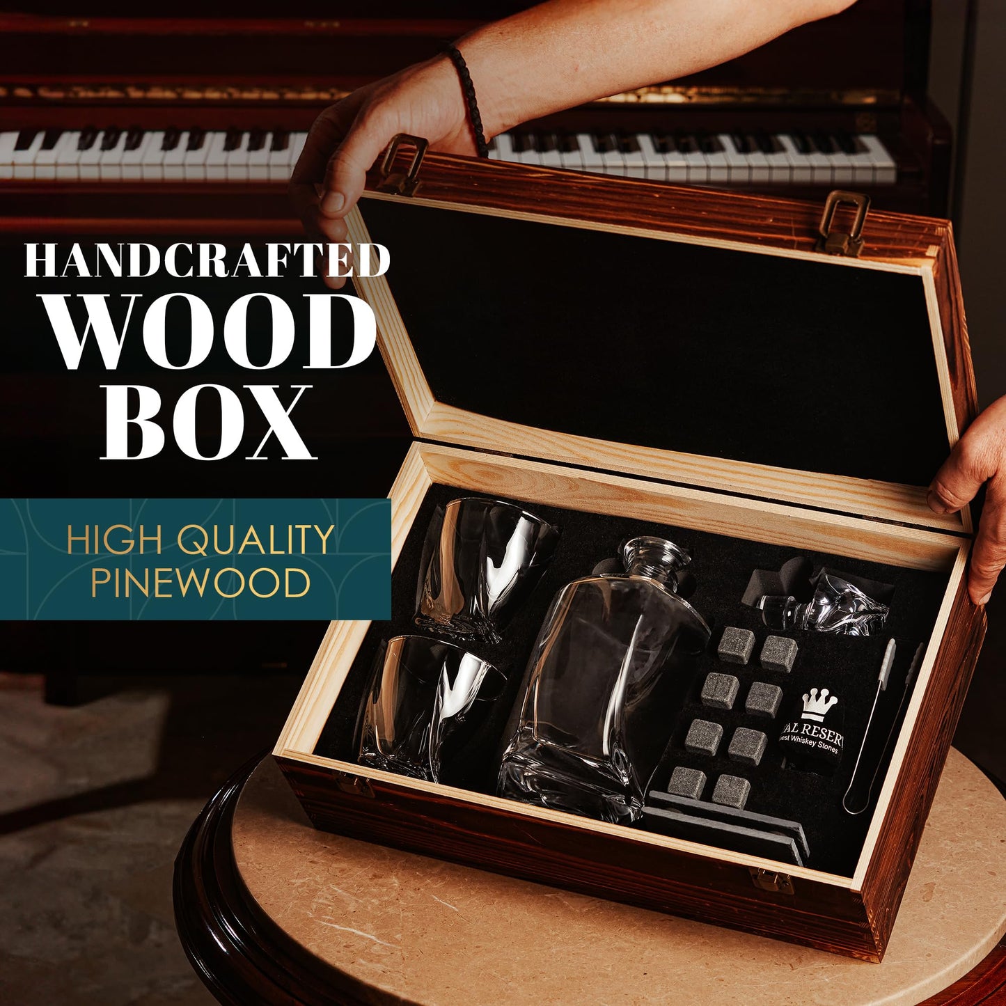 Whiskey Decanter Set by Royal Reserve – Whiskey Gift Set - Twisted Bourbon Decanter 34 oz 1000 ml with Glasses, Whiskey Stones, Coasters, Tongs – Whiskey Gifts for Men, Husband, Dad Christmas