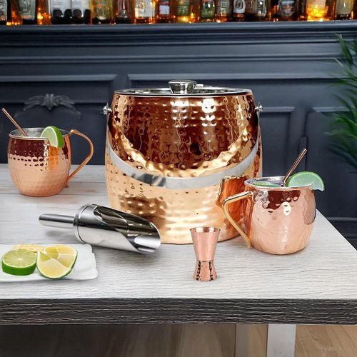 BREKX Rose Copper Beverage Tub and Ice Bucket with Lid and Scoop Party Combo Pack, Stainless Steel Double-Walled Insulated Barware Set