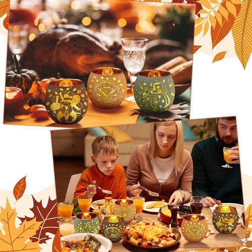 Jingmore Thanksgiving Votive Candle Holders - Set of 6 Flameless Turkey Tea Lights for Fall Decor