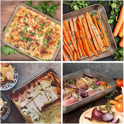 E-far Toaster Oven Baking Pan Set - Stainless Steel Rectangle Sheet Cake Pans with Lids | 10.4” x 8” x 2”