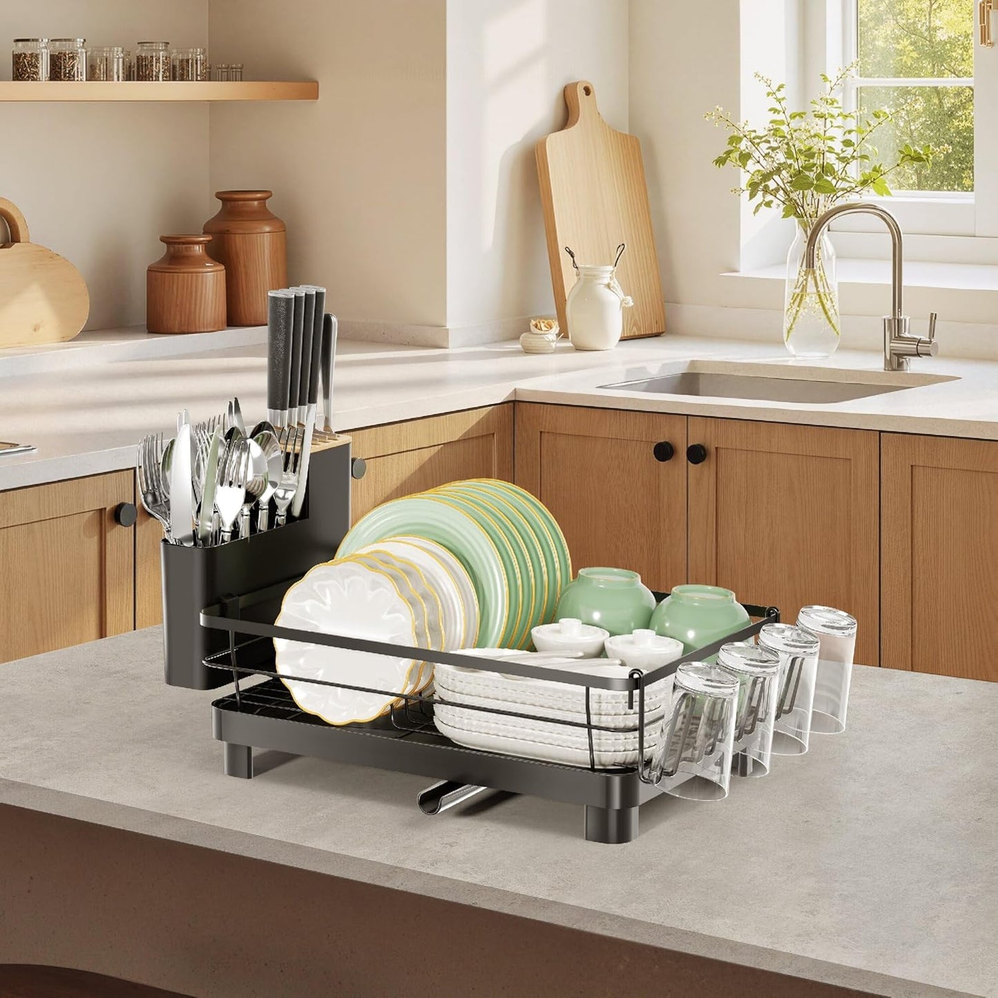 Runnatal Stainless Steel Dish Drying Rack - Large Capacity with Detachable Utensil Holder | Black