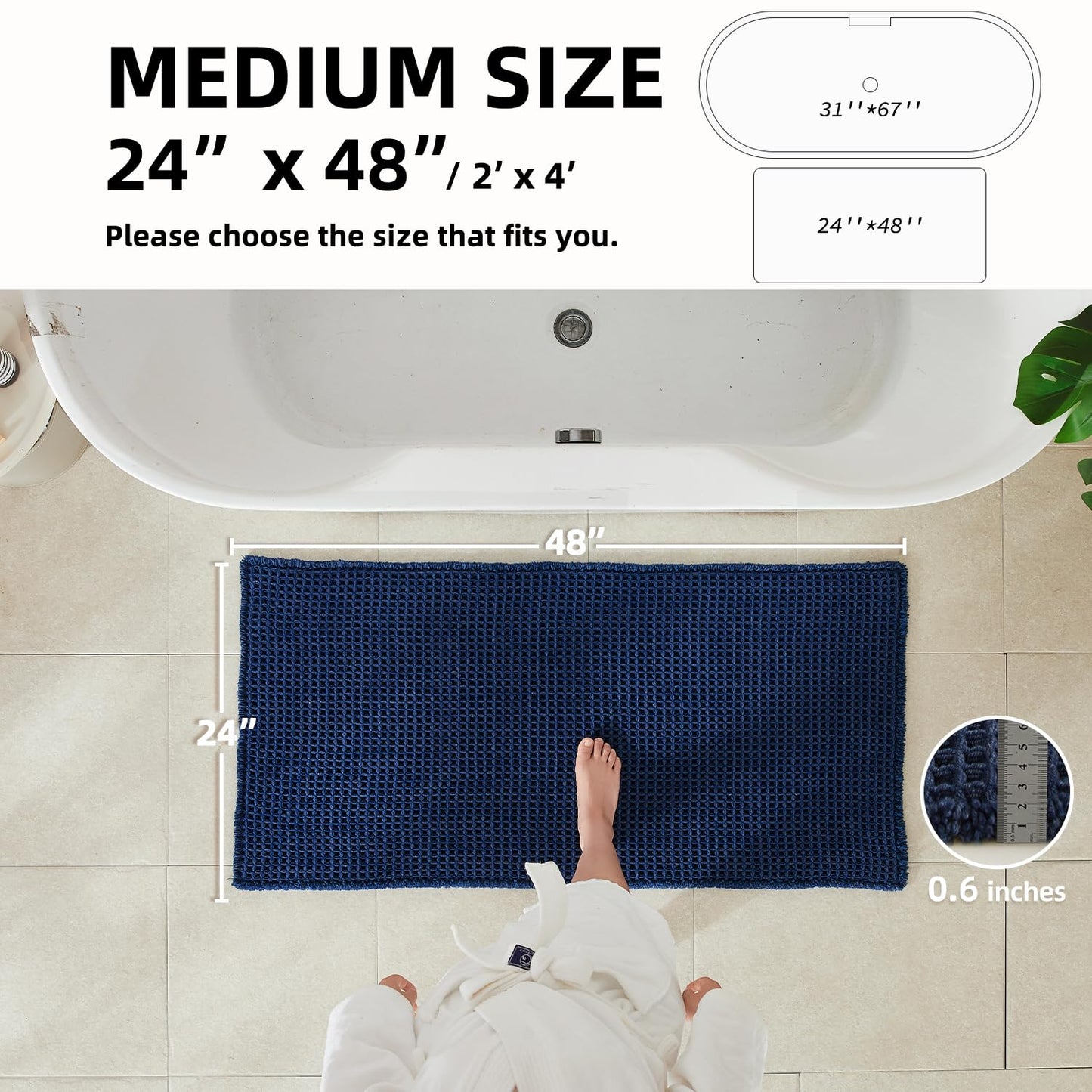 TYUU Waffle Bath Mat, Boho Bathroom Rugs Non Slip Washable Super Absorbent Quick Dry Bath Mat Farmhouse Bathroom Decor, 48"x24" Navy Blue