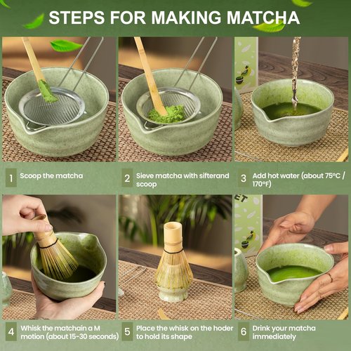 Dayacoco Matcha Whisk Set,Ceramic Matcha Kit Set Includes Bowl with Spout, Whisk,Holder,Bamboo Scoop and Sifter,5 pcs Matcha Tea Kit for Matcha Lovers, Ideal Gift for Christmas, Birthday (Green)