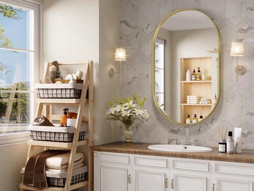 JIINGYO Gold Oval Mirror, 22"×30" Oval Bathroom Mirror, Oval Mirrors for Wall, Gold Vanity Mirror, Entryway, Living Room, Wall Mount Mirrors Hangs Vertical or Horizontal