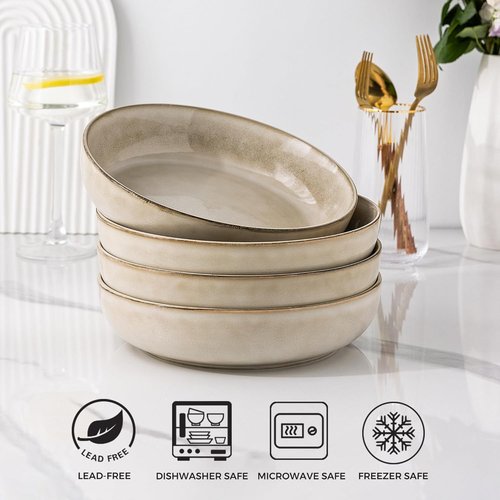 GBHOME Large Ceramic Pasta Bowls Set of 4 - 38oz Stoneware, Microwave Safe, Reactive Glaze - Cappuccino