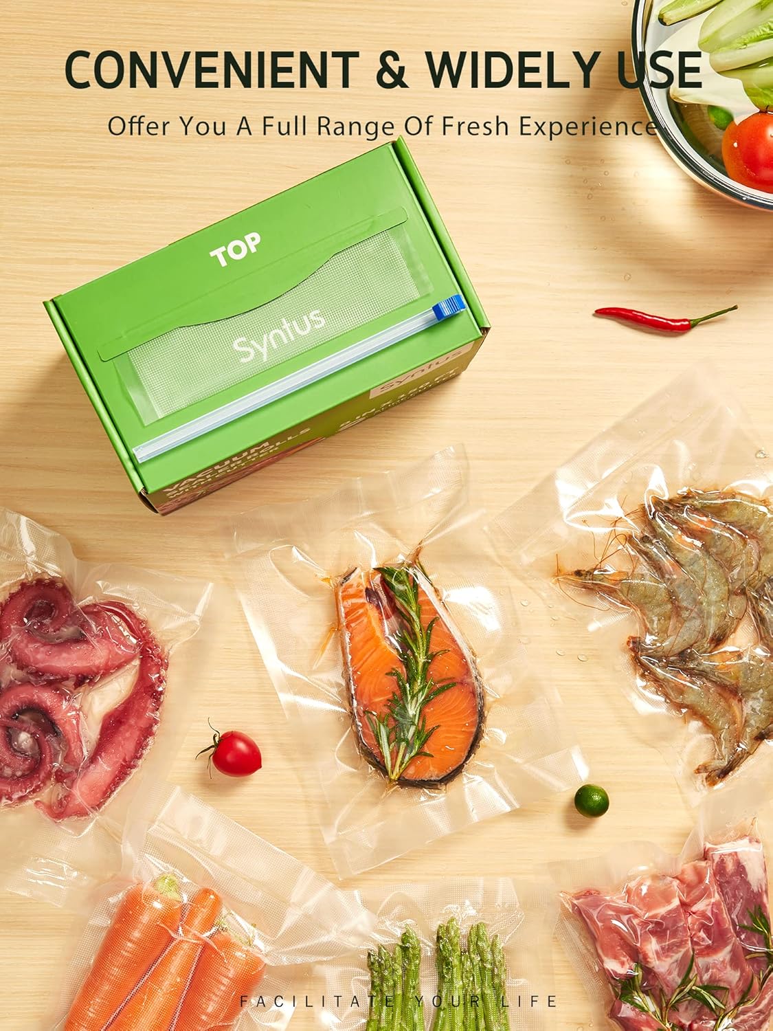 Syntus Food Vacuum Seal Roll - 11" x 150' BPA-Free Bags with Cutter Dispenser for Meal Prep & Storage