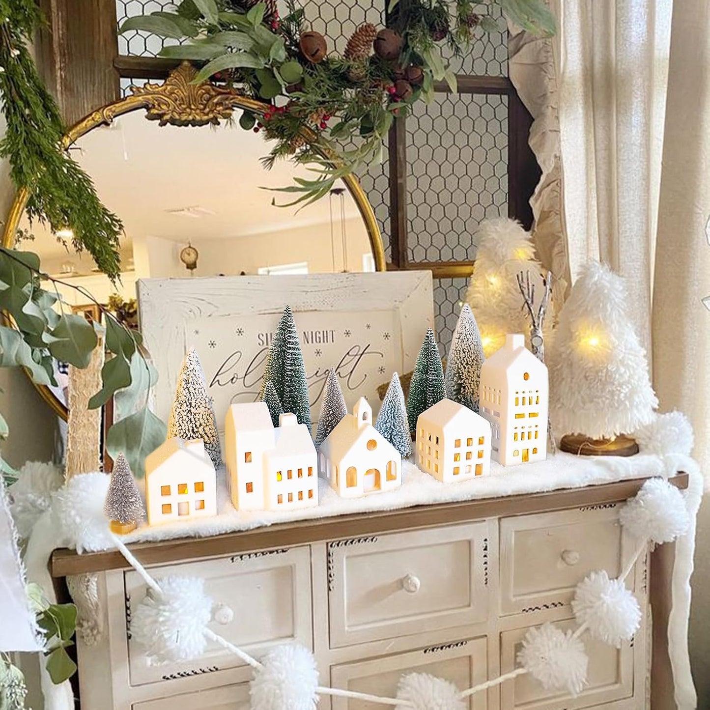 Regine Switzerland Christmas Village Set - 5 Lighted Ceramic Houses with Remote Control & 9 Trees | Rustic Indoor Holiday Decor