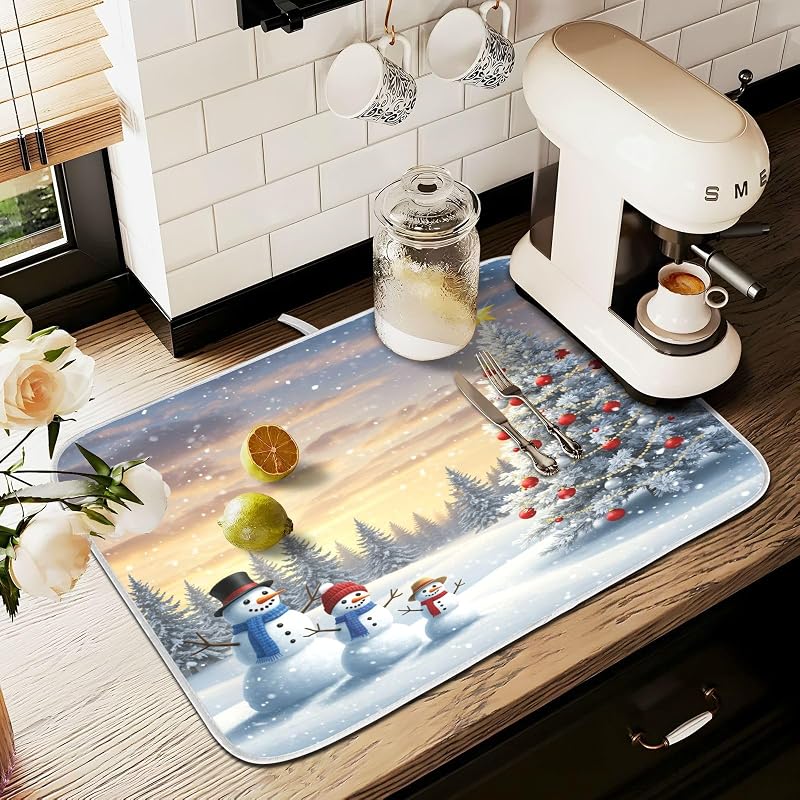 Christmas Tree and Snowman Dish Drying Mat - 18 x 16 Inch, Absorbent Microfiber Pad