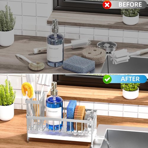 Cisily Kitchen Sink Caddy Organizer - Rustproof 304 Stainless Steel Sponge Holder | Silver, 9.25”