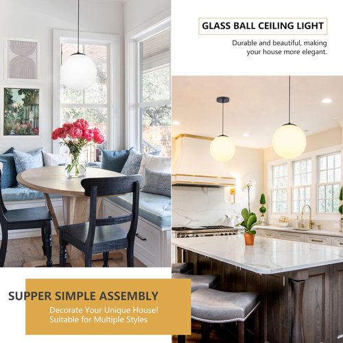 KoKo&Yukina 10" Globe Pendant Light Black Mid Century Pendant Light Mid Century Adjustable Hanging Light Fixture Matte Black Finished with Milk Glass Lampshade for Dining Room Bedroom Kitchen Island