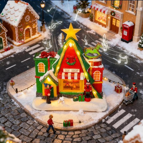 LED Lighted Musical Village House - 7.1" Triangular Christmas Decoration for Holiday Home Decor