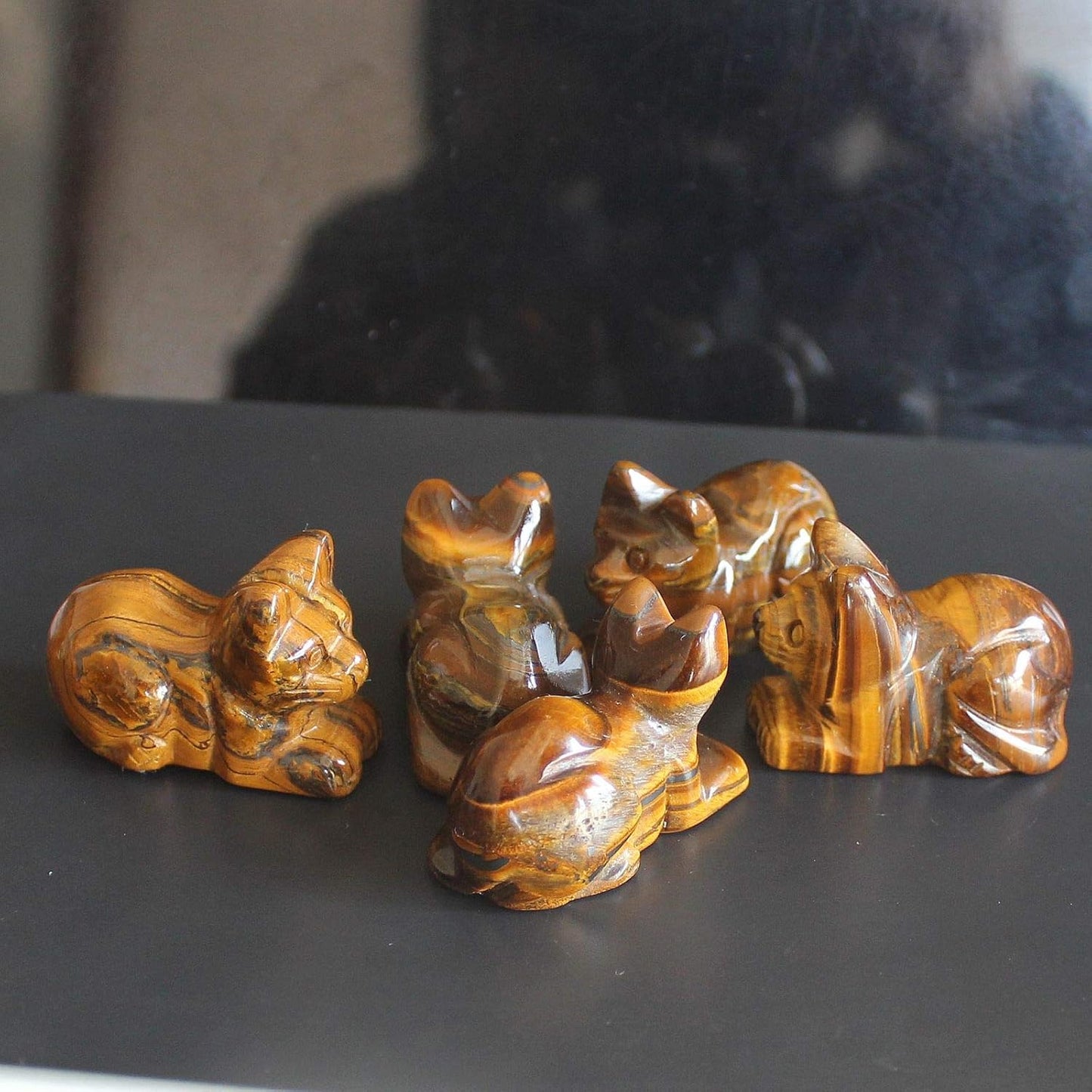Skiennix Hand Carved Mixed Gemstone Crystal Cat Figurine - Unique Iron Tiger Eye Design
