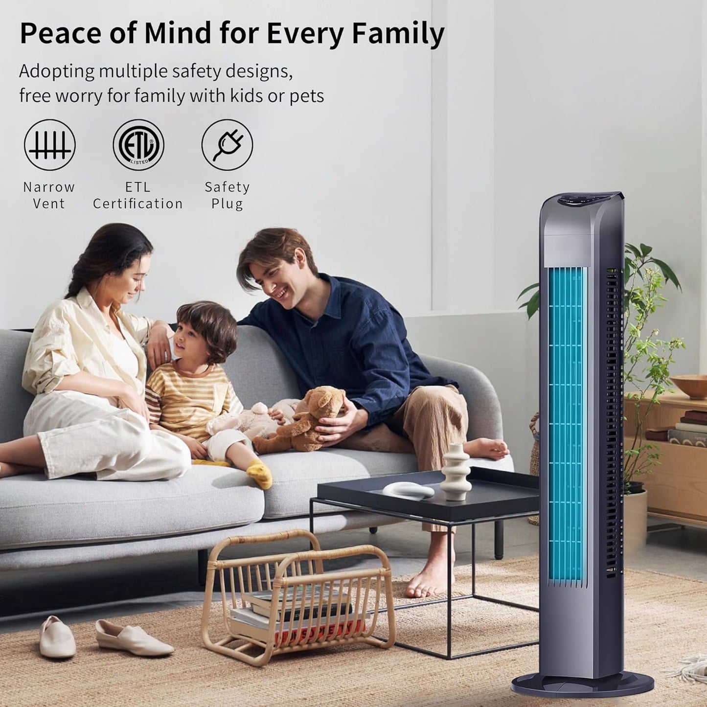 Uthfy Bladeless Tower Fan - 120° Oscillation, Remote Control, 3 Modes & 3 Speeds | 30 Inch, Black