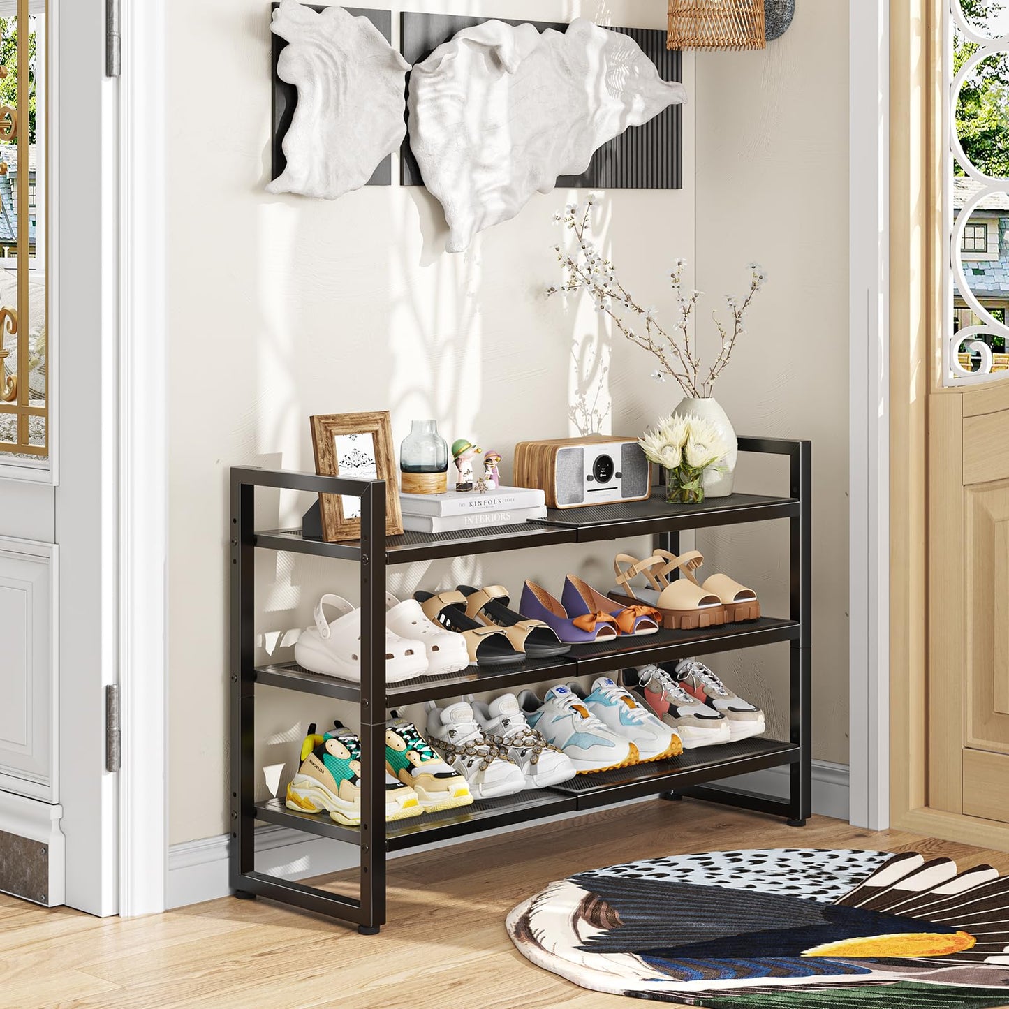 Simple Trending 3-Tier Expandable Shoe Rack, Adjustable & Stackable Shoe Organizer, Metal Mesh Free Standing Shoe Shelf Storage for Closet Entryway Doorway, Black