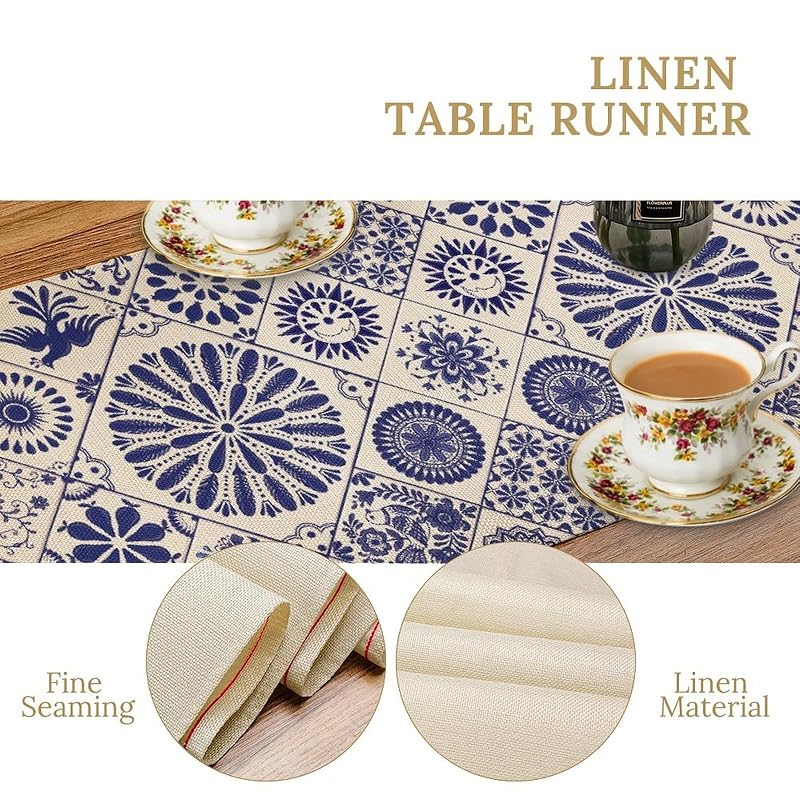 Mexican Talavera Style Table Runner 13x70in Beiges Floral Birds Variation of THIS listing