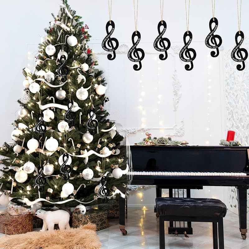 24 Pcs Treble Clef Christmas Ornaments – Black Glitter Acrylic, Includes Variation Black+24