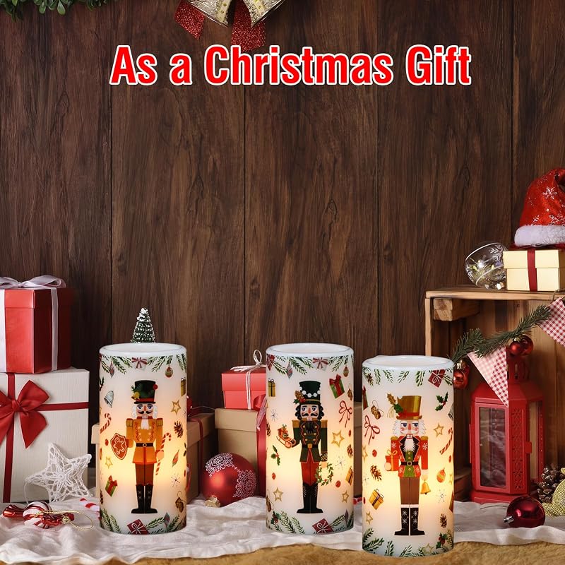 Christmas Nutcracker Flameless Pillar Candles with Remote Timer - 3 Pack