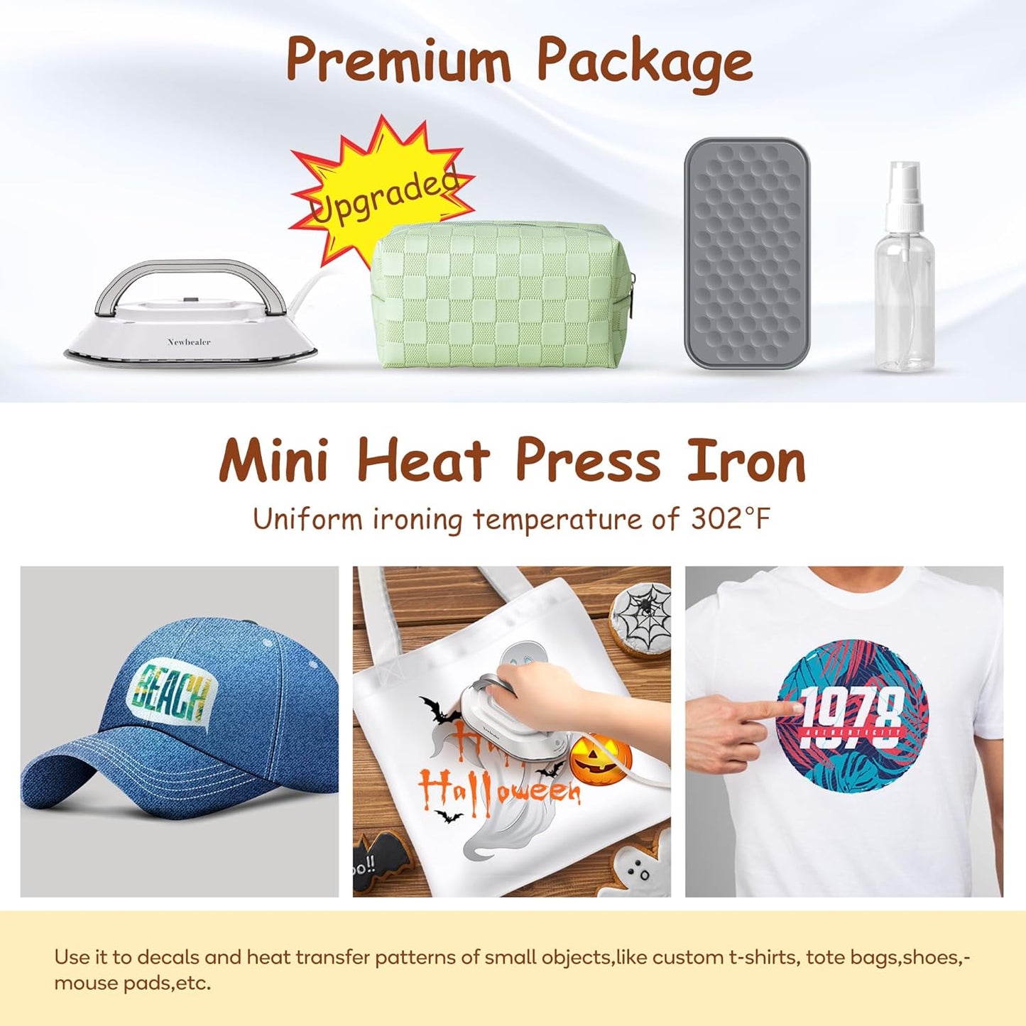 Newbealer Travel Iron - Mini Dry Iron with Global Voltage, 300W, Non-Stick Ceramic Soleplate, Silver