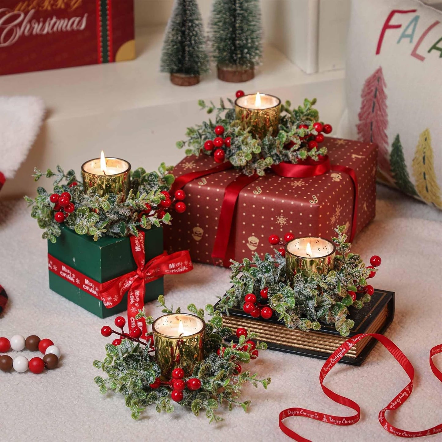 Regine Switzerland Christmas Candle Ring - 4 Pcs Gold Votive Candles with Red Berry Wreath for Holiday Centerpiece
