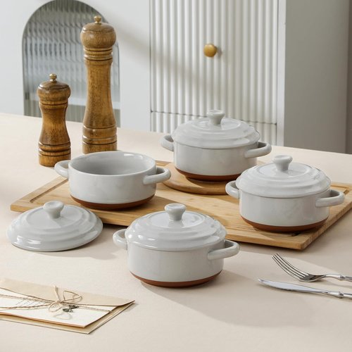 MALACASA Mini Cocotte Set - 12 OZ Ramekins with Lids | Oven-Safe Ceramic Baking Dishes, Set of 4 in Khaki Grey
