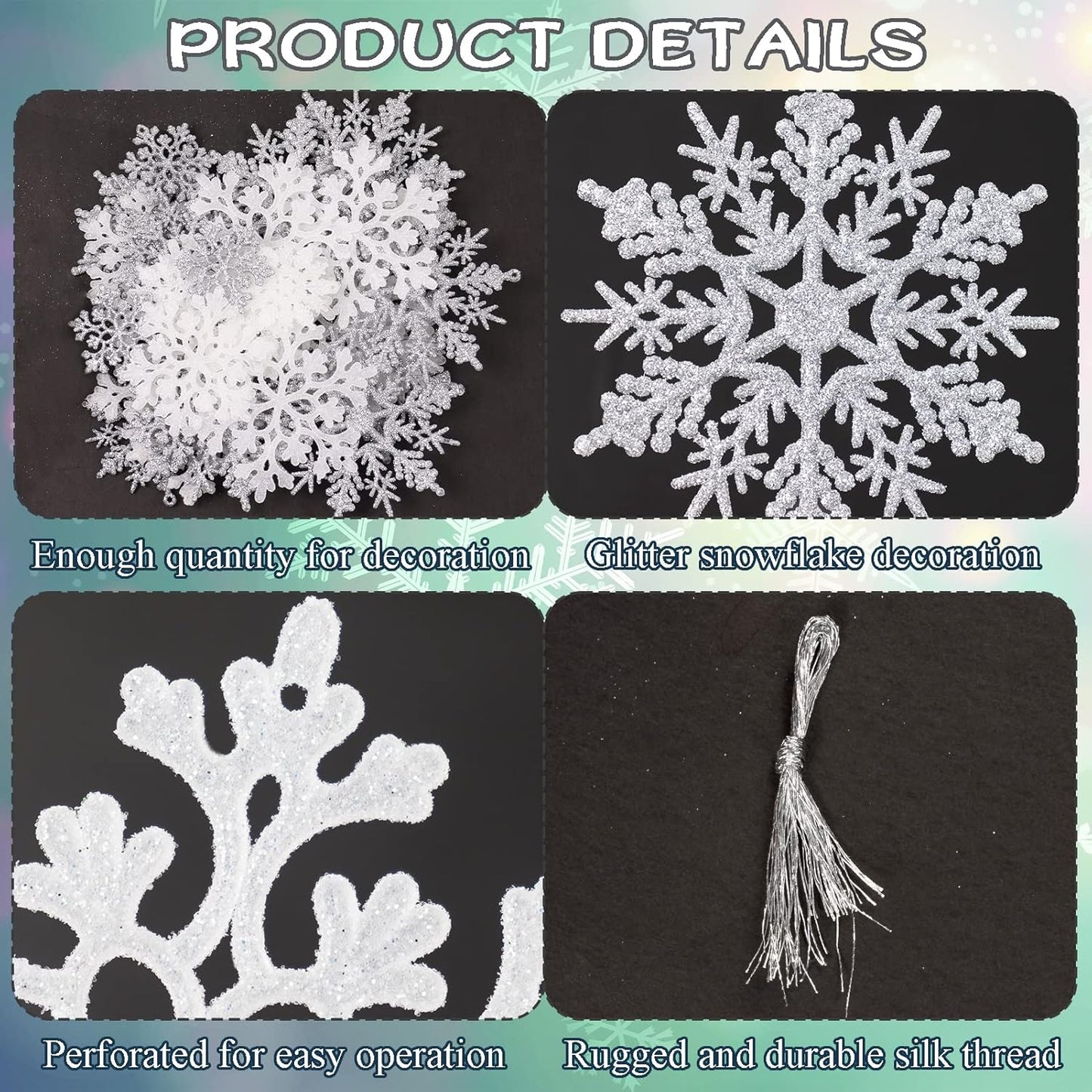 Skiennix Christmas Snowflake Ornaments - 36 Pcs Glittering White & Silver Hanging Decor for Holiday Home & Parties