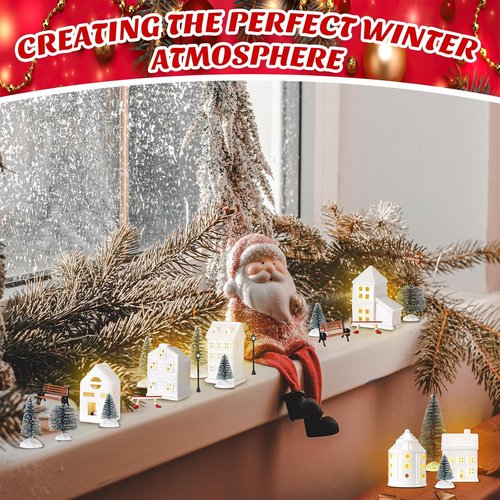 Barydat 40 Pcs Ceramic Christmas Village Set - 10 LED White Houses & Xmas Trees | Holiday Decor