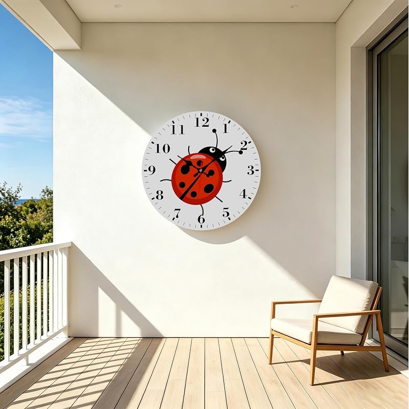 12" Silent Round Wall Clock with Cute Ladybug Design - Non-Ticking