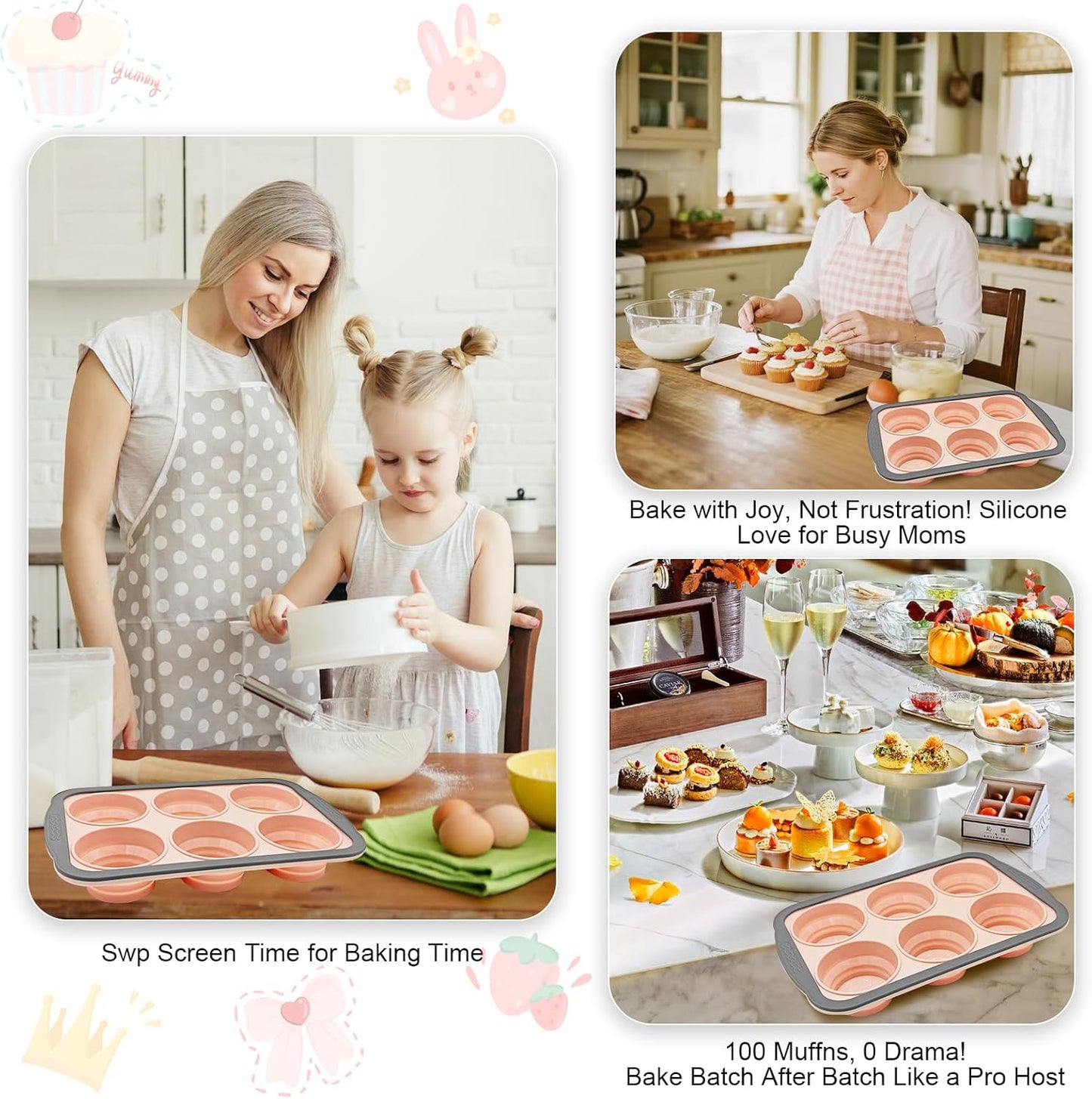 Skiennix Silicone Muffin Pan - 6 Cup Nonstick Baking Molds | BPA-Free & Easy Release, Dishwasher Safe