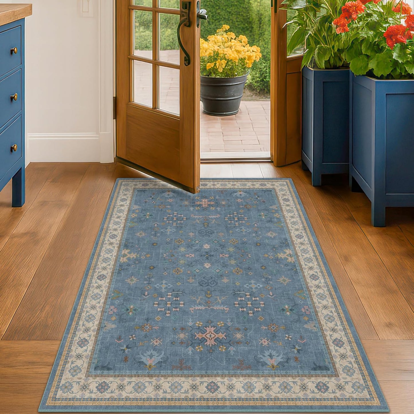 Skiennix Washable 4x6 Area Rug - Stain Resistant Non-Slip Design for Living Room & Kitchen | Light Blue & Aqua Floral Décor