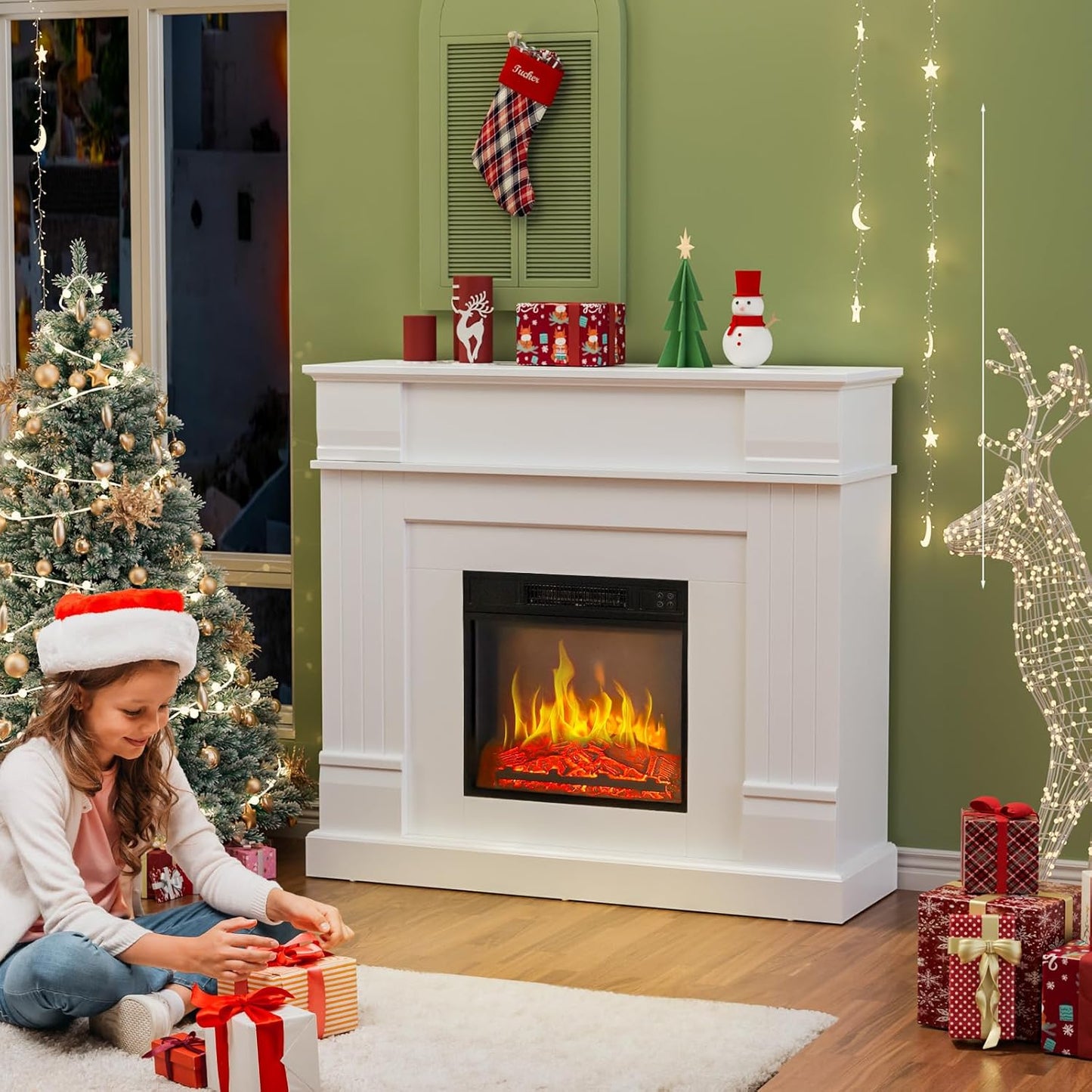 ROVSUN 43'' Electric Fireplace - Freestanding Heater with Timer & Adjustable Temperature | Realistic Flames for Home