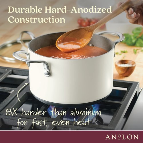 Anolon Achieve Hard Anodized Nonstick Saucepot with Lid, 4 Quart, Cream