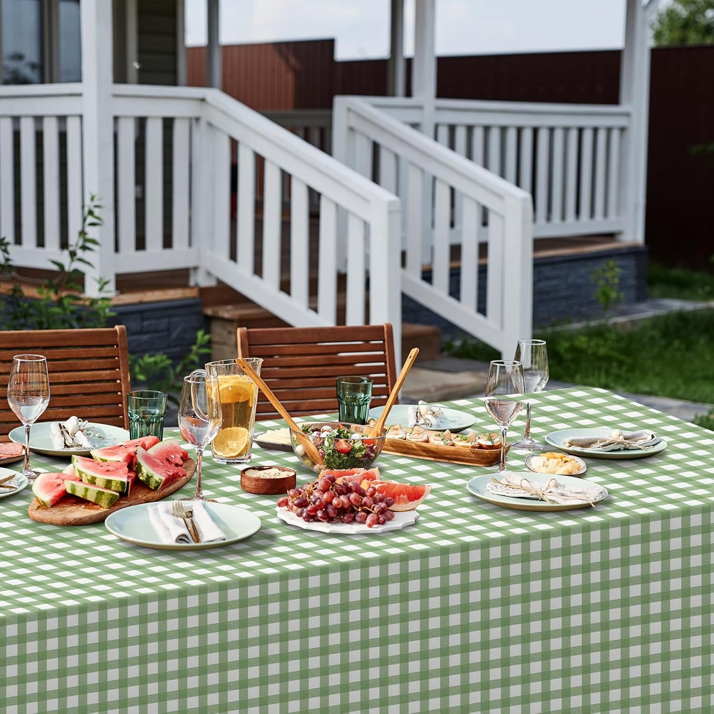 Skiennix Disposable Plastic Tablecloths - Sage Green Gingham Checkered Design | 54 x 108 Inch for Parties