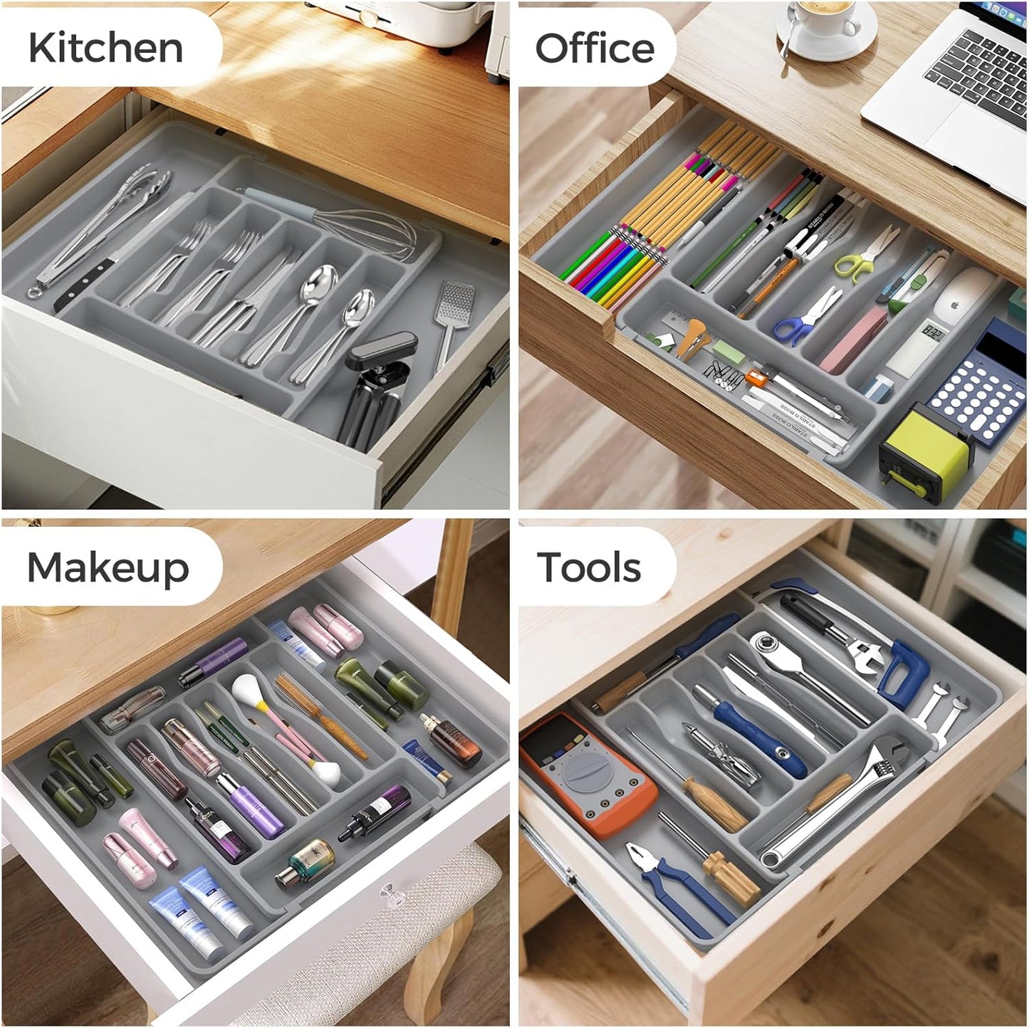 Ukeetap Extra Large Expandable Silverware Organizer - BPA-Free Cutlery Holder for Kitchen Drawers | Gray