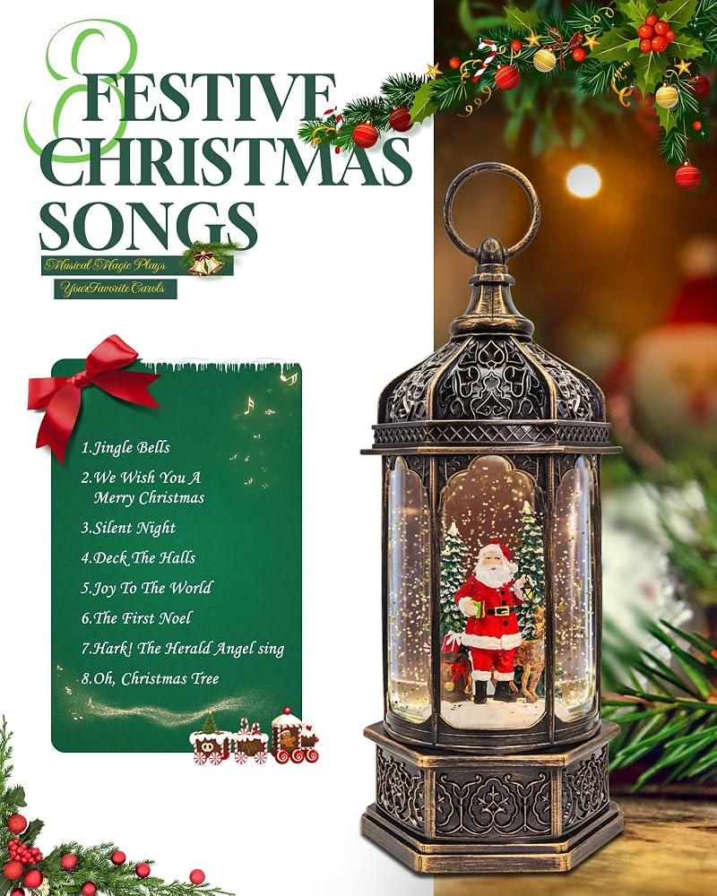 12: Large Musical Christmas Snow Globe Lantern - 13" With 8 Songs, Dual Power Santa & Reindeer