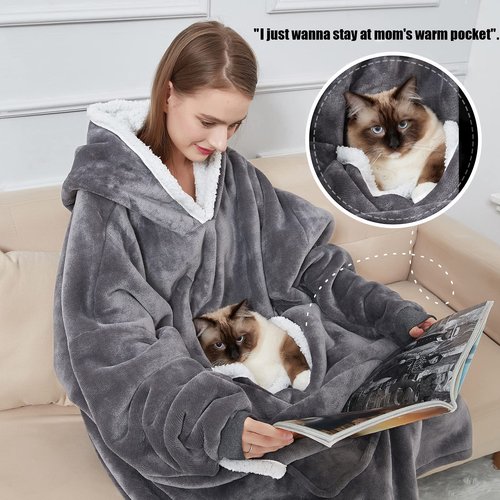 Cozystar Wearable Blanket Hoodie with Giant Pocket (Pet Won't Leave) Extra Soft Sherpa Fleece Thick Warm & Cozy Oversized Sweatshirt Blanket Jacket with Sleeves Gifts for Adult Men Women - Grey