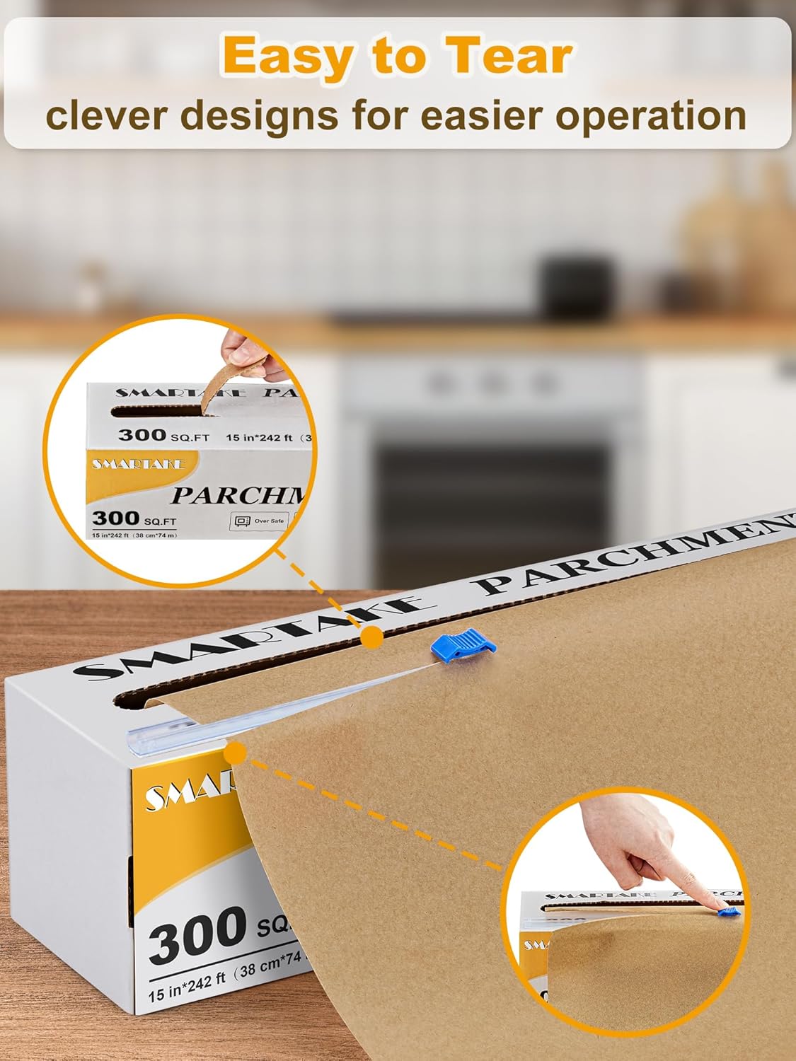 SMARTAKE Parchment Paper Roll - Non-Stick Baking Sheets with Slide Cutter | 15" x 242 ft, Heavy Duty Unbleached