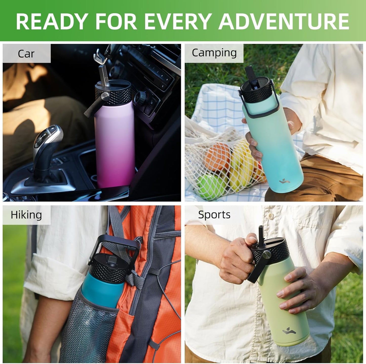 Skiennix 25oz Insulated Stainless Steel Water Bottle - Leakproof BPA-Free with 3 Lids | Black