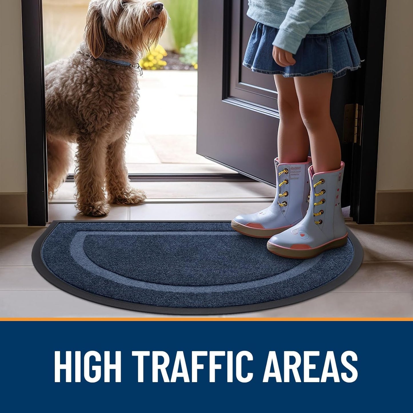 OLANLY Half Circle Door Mat - Waterproof All-Season Doormat for Indoor/Outdoor Use | 59x35, Blue