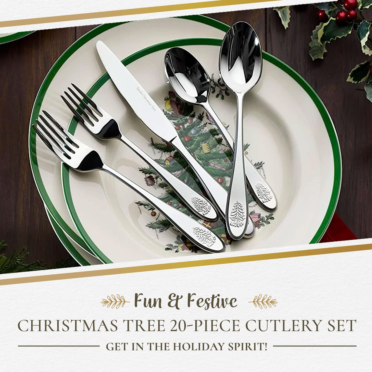 Portmeirion Spode Christmas Tree Collection Stainless Steel Flatware Set - Holiday Cutlery Set, 4 Dinner Forks, Salad Forks, Dinner Knives, Tablespoons, Teaspoons - 20 Piece