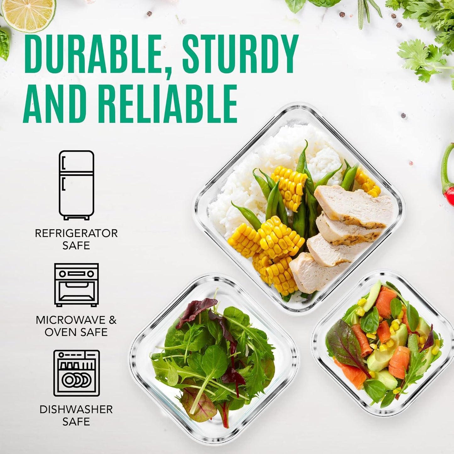 Razab Glass Food Storage Containers Set - 6 PC Airtight Kitchen Meal Prep Containers | 74, 40 & 18 oz