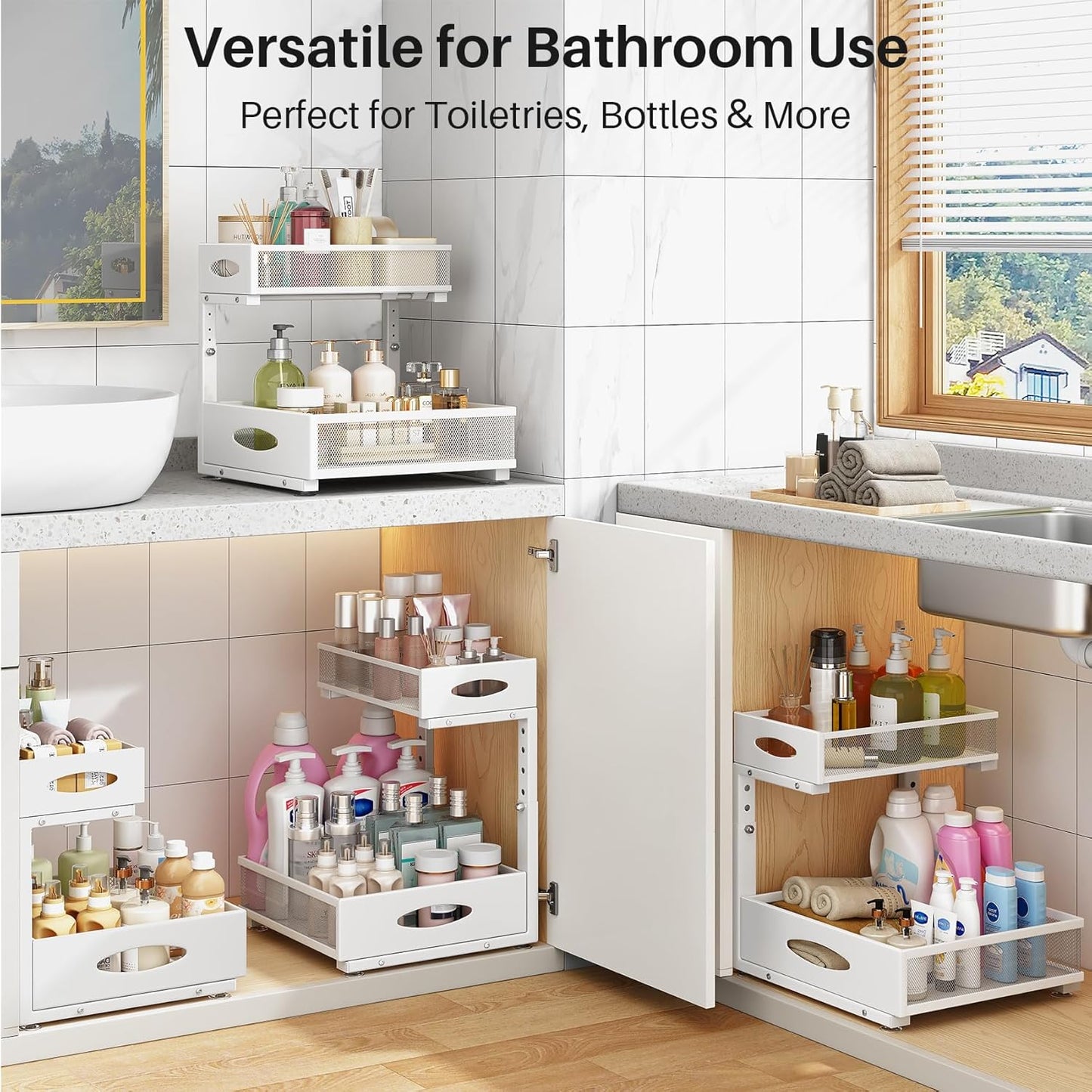 Under Sink Organizer | 2-Pack 2-Tier Pull-Out Shelf with Mesh Drawers for Kitchen & Bathroom