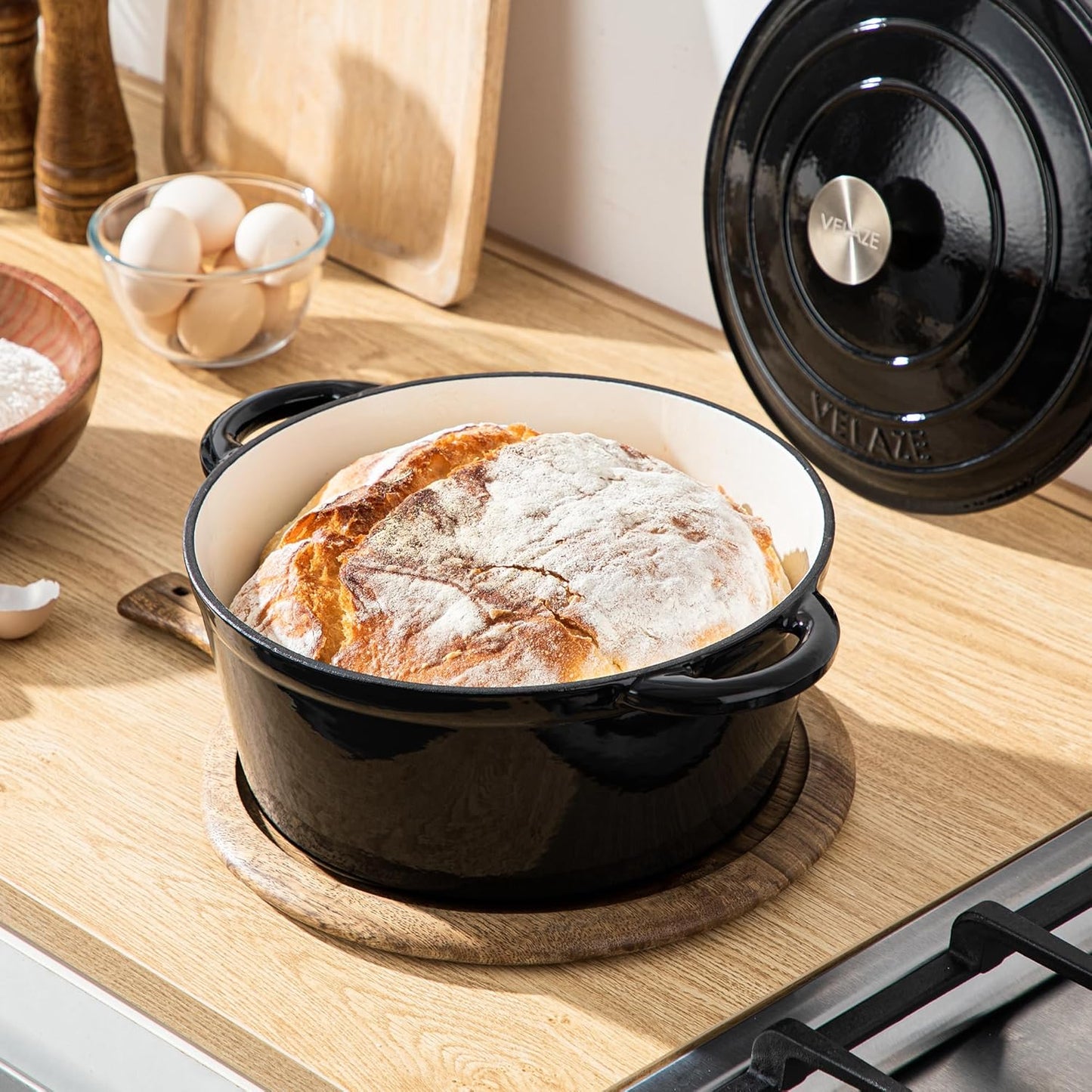 Velaze 7.5 QT Dutch Oven - Enameled Cast Iron Pot with Dual Handles for Sourdough Baking | Black