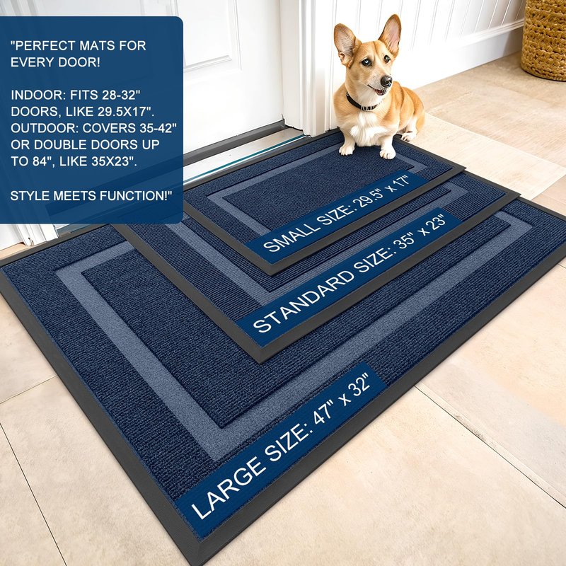 OLANLY Front Door Mat Indoor Outdoor Entrance, Waterproof All-Season, All-Weather Doormat, Sturdy Natural Rubber, Fade Resistant, Low Profile, Easy Clean Patio Porch Entryway Mat, 59x20, Blue