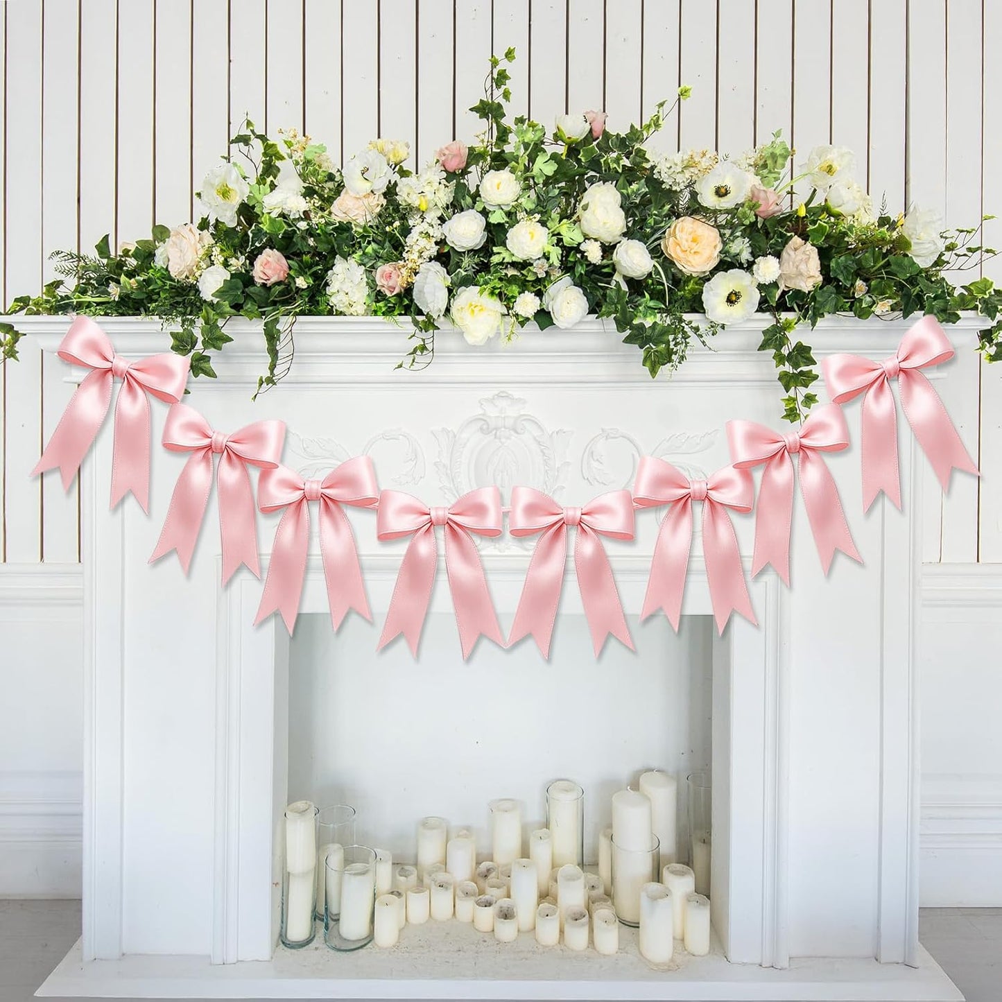 Skiennix Pink Bow Garlands - 16PCS Pre-Strung Satin Ribbon Ornaments for Parties & Celebrations