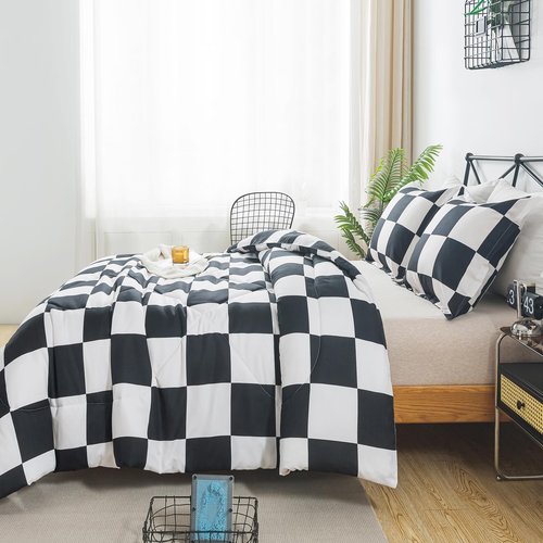 Caressma Black White Plaid Comforter Set King Size, Buffalo Check Plaid Comforter Bedding Set for All Seasons, Farmhouse Soft Microfiber Comforter with Pillowshams