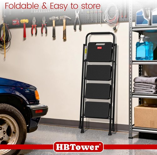 HBTower Step Ladder - Foldable 4-Step Stool with Wide Anti-Slip Pedal for Home Use
