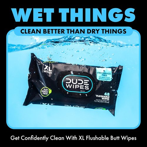 DUDE Wipes | Unscented Flushable Wipes for Sensitive Skin - Extra-Large 6 Pack (288 Count) - Infused with Vitamin E & Aloe