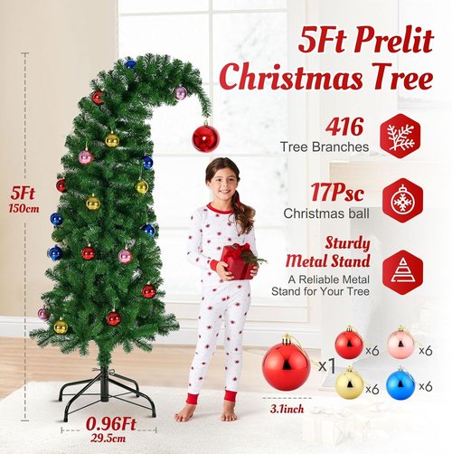 Hatisan 5FT Artificial Christmas Tree - Bent Green Design with Ball Ornaments & Metal Base | Holiday Decor