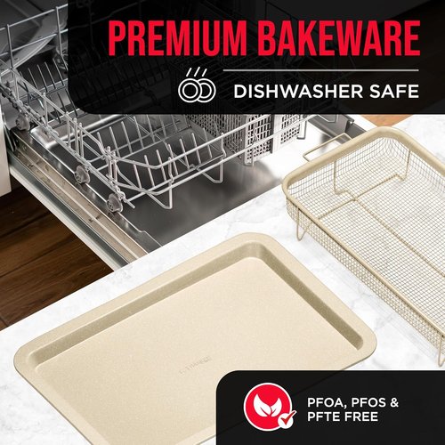 Bakken Swiss Crisper Tray - Non-Stick 2-Piece Set for Healthier Cooking | Extra Large 19" x 13" White Marble Coating